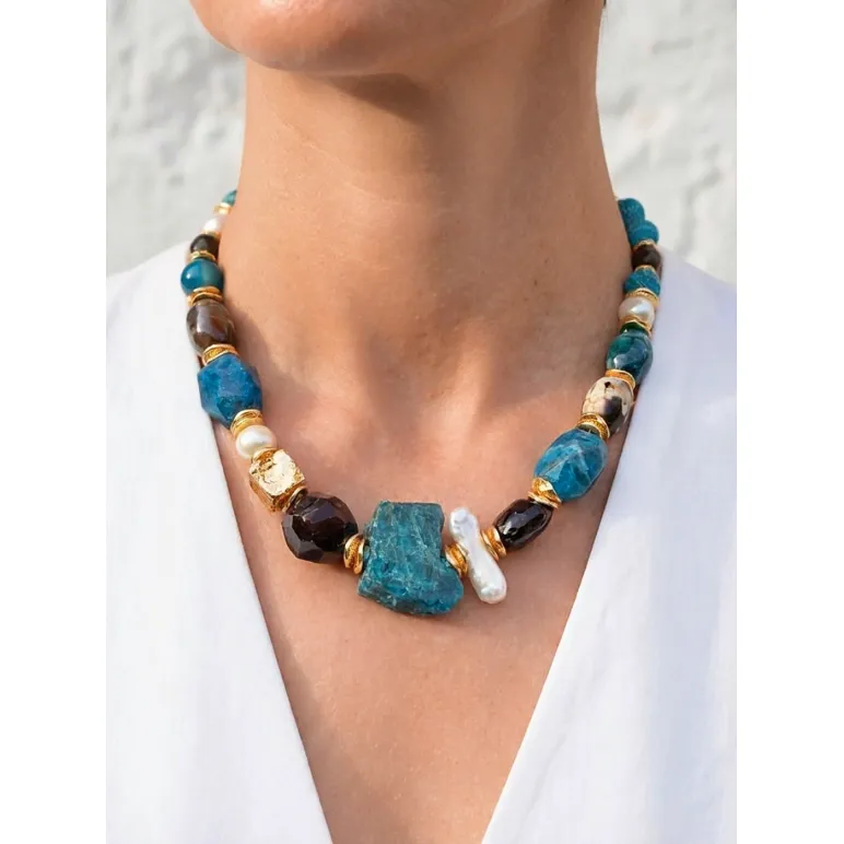 Колье из микса апатита, граната, агата, бронзита, лэмпворк, натурального и искусственного жемчуга