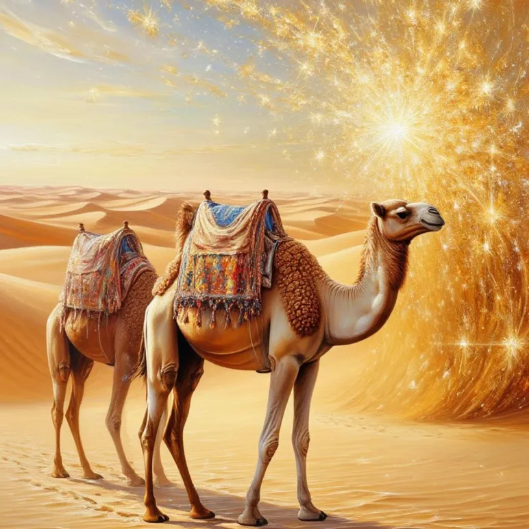 Картина маслом "Верблюды в золотой пустыне